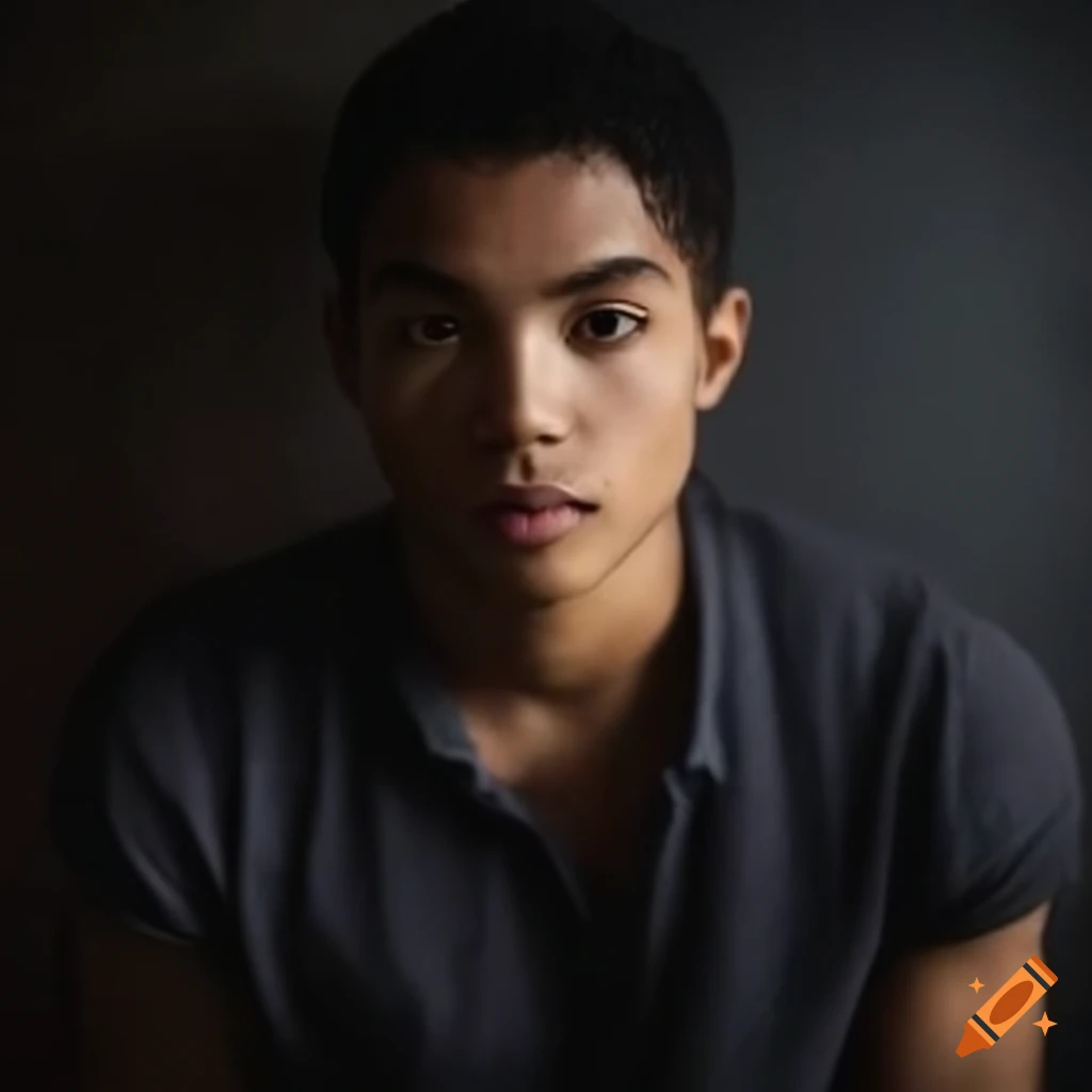 Portrait of a young man with black hair and dark brown eyes on Craiyon