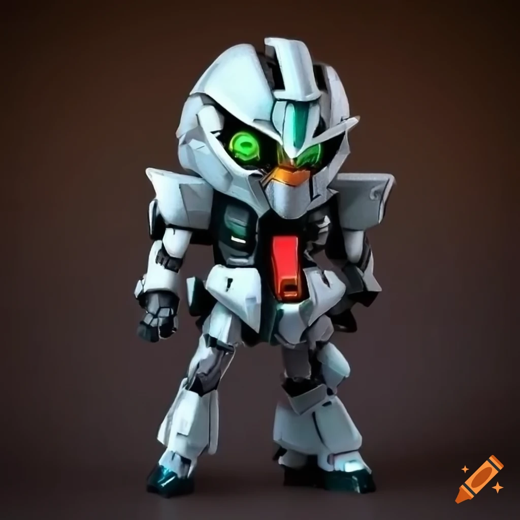 black and orange chibi Gundam robot with metallic armor