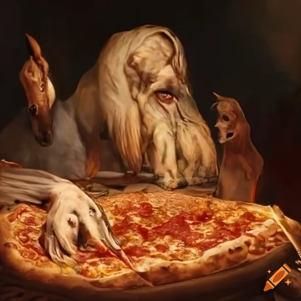 Horses eating pizza on mount olympus