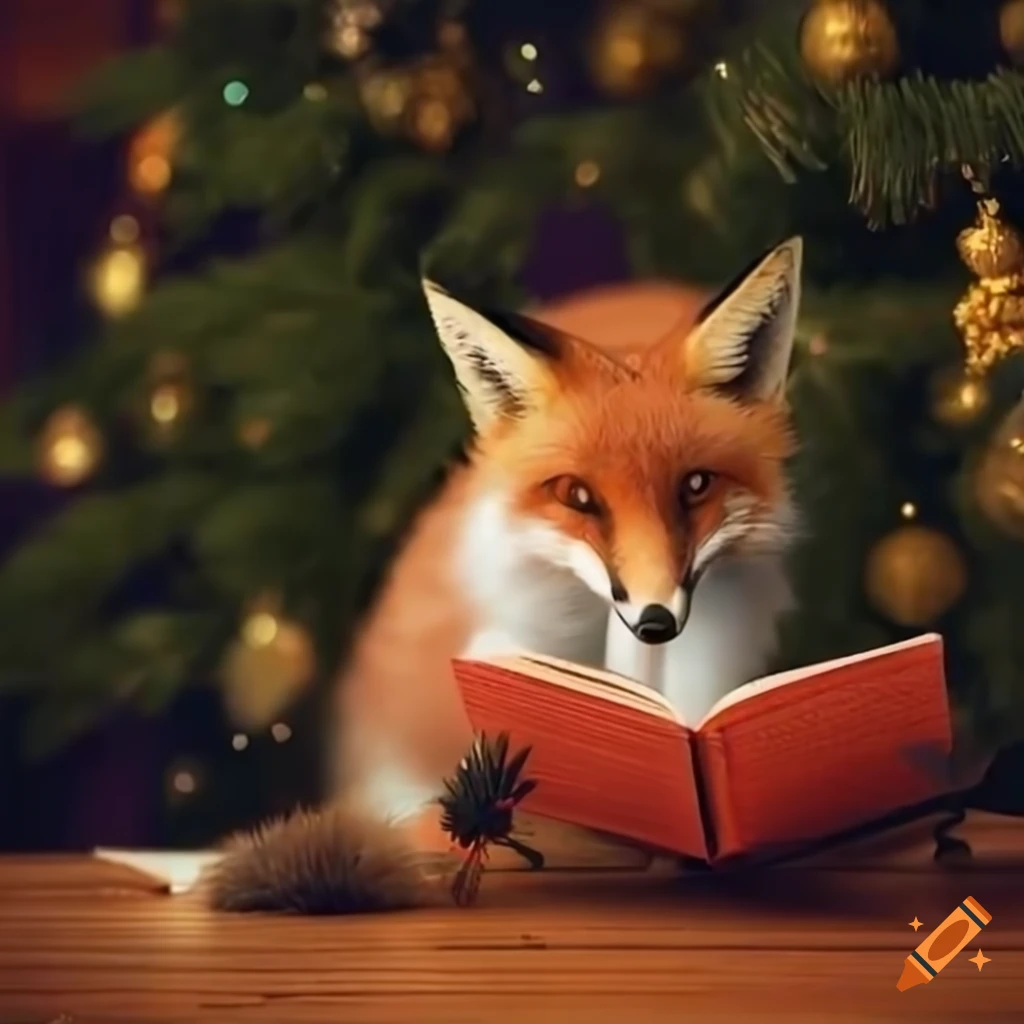 Cute fox reading a book near a Christmas tree on Craiyon