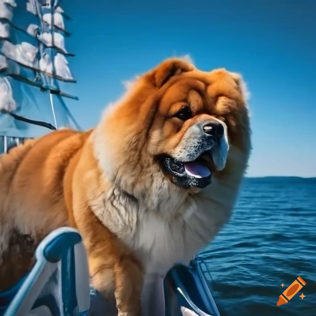 Panoramic view of a chow chow dog on a clipper boat on Craiyon