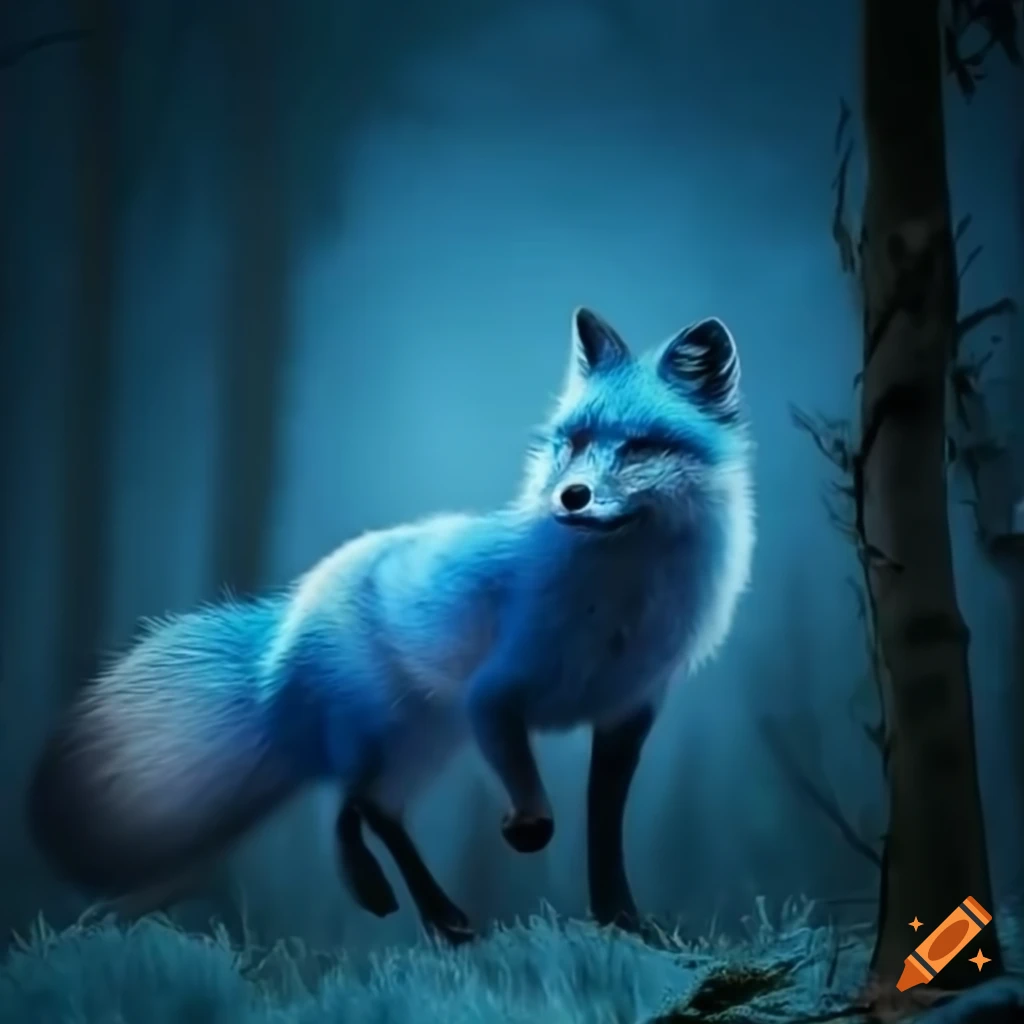Mystical blue fox running in a starry forest
