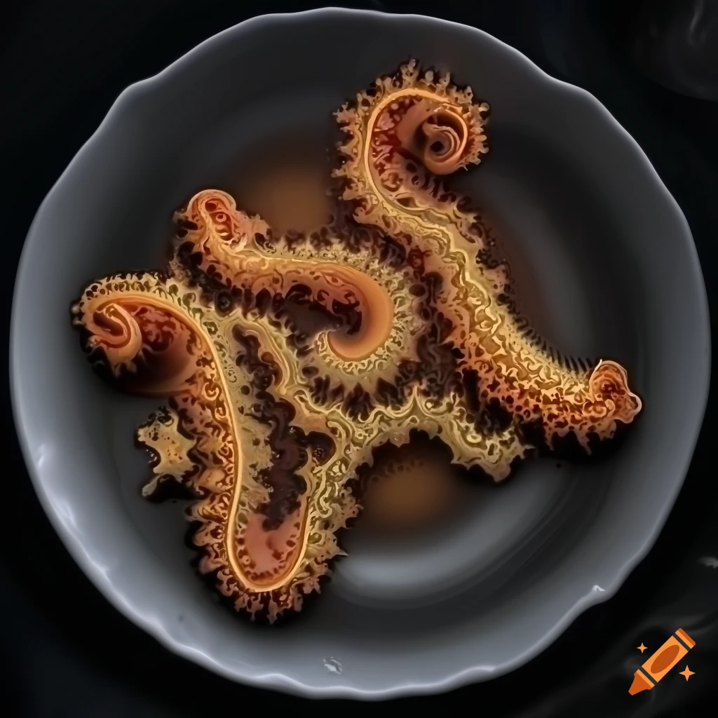 fractal art of tempura calamari on a white porcelain platter