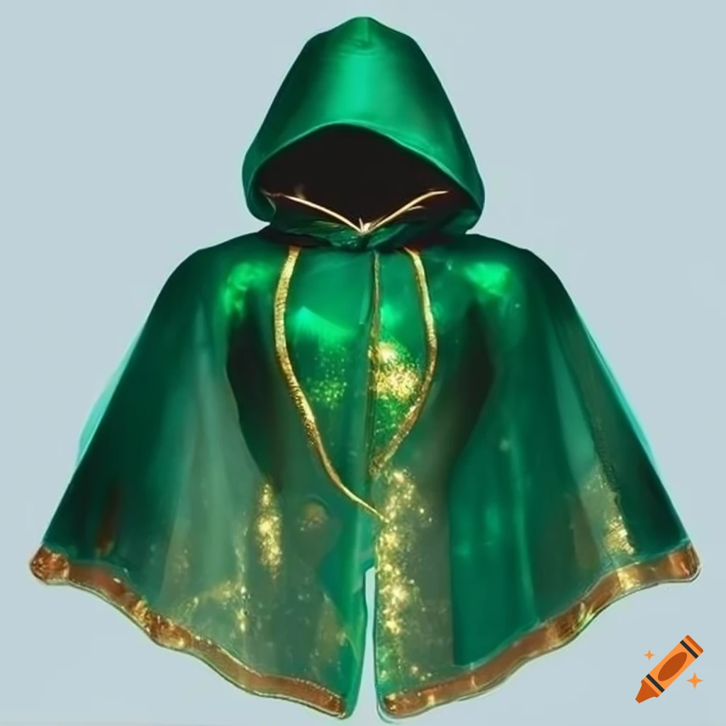 Green and gold hooded cape on white background on Craiyon