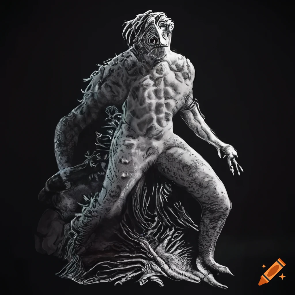 detailed etching of Steve Harrington as a sea monster