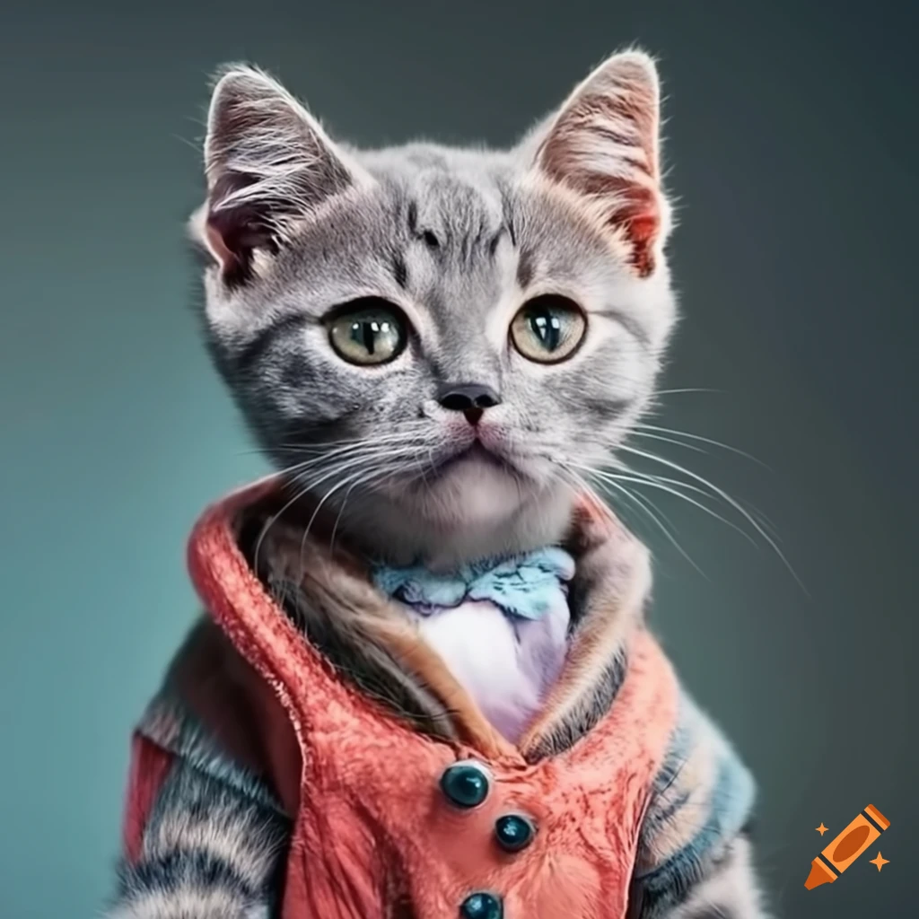 adorable grey kitten in retro outfit