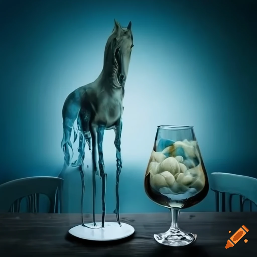 surrealist pastries on a table with glasses and sea horse in glass