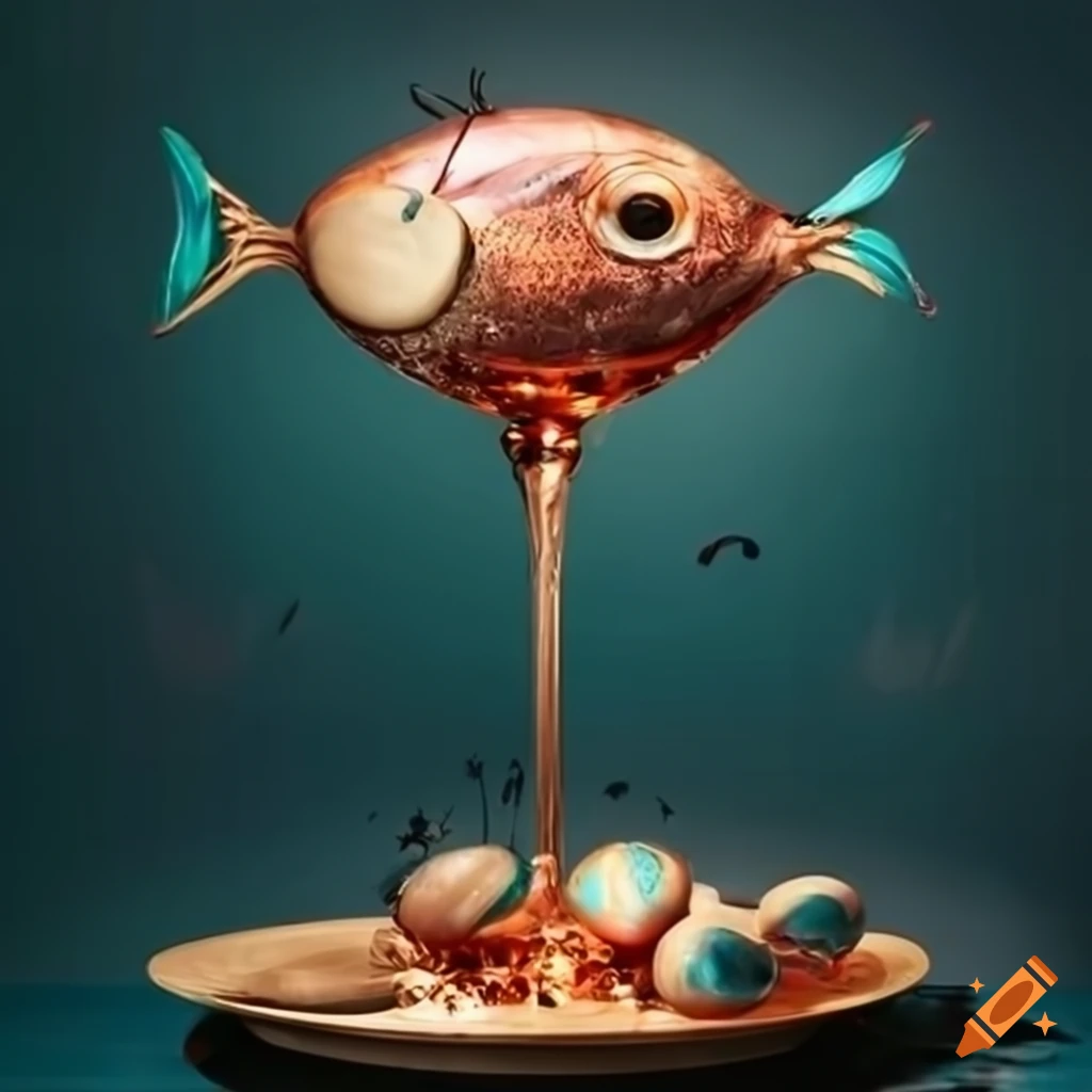 surrealistic pastries on a table with glasses and goldfish in a wine glass