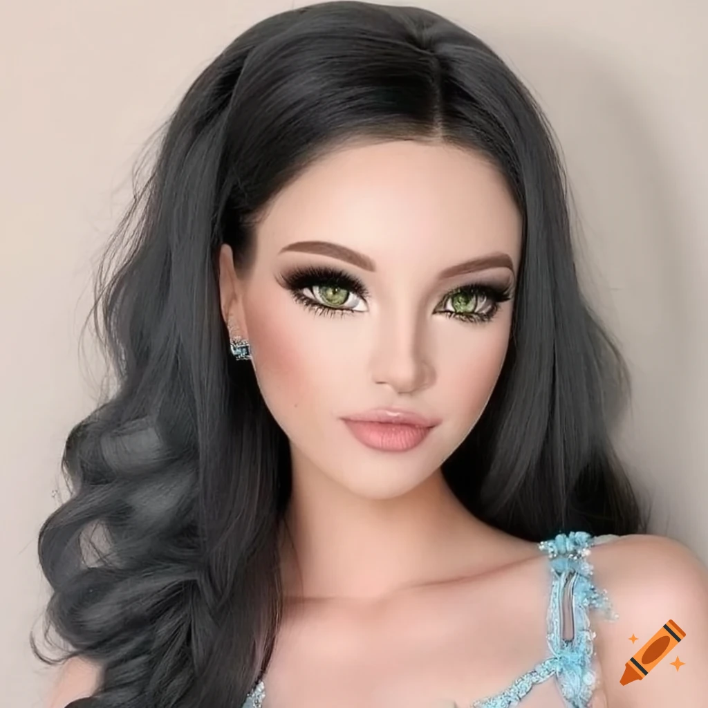 Close-up of a woman with green eyes and glossy makeup on Craiyon