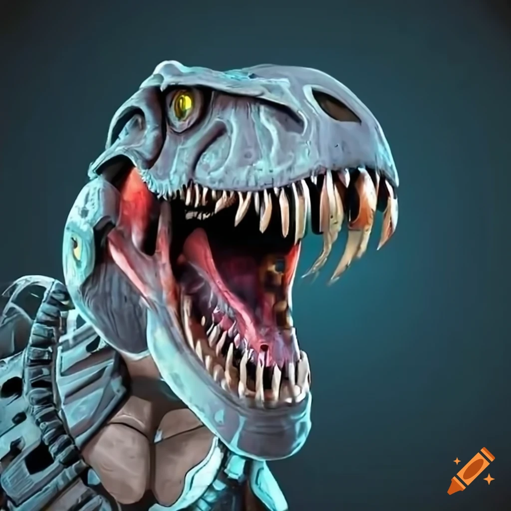 image of a roaring cybernetic T-rex