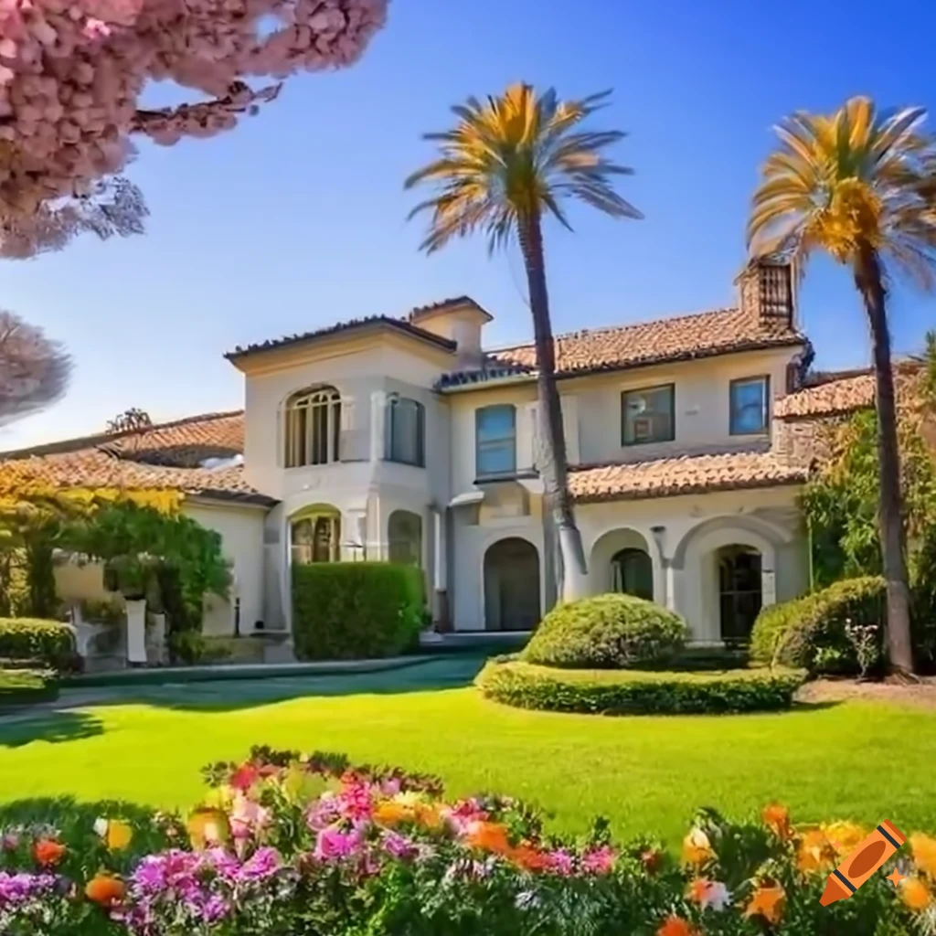 beautiful mansion surrounded by cherry blossom trees