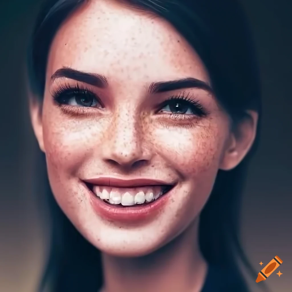 Portrait of a beautiful young woman with freckles and dark hair on Craiyon