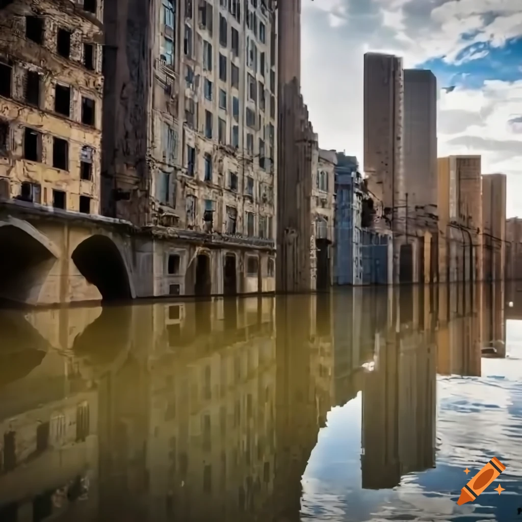 Postapocalyptic city ruins submerged in water on Craiyon