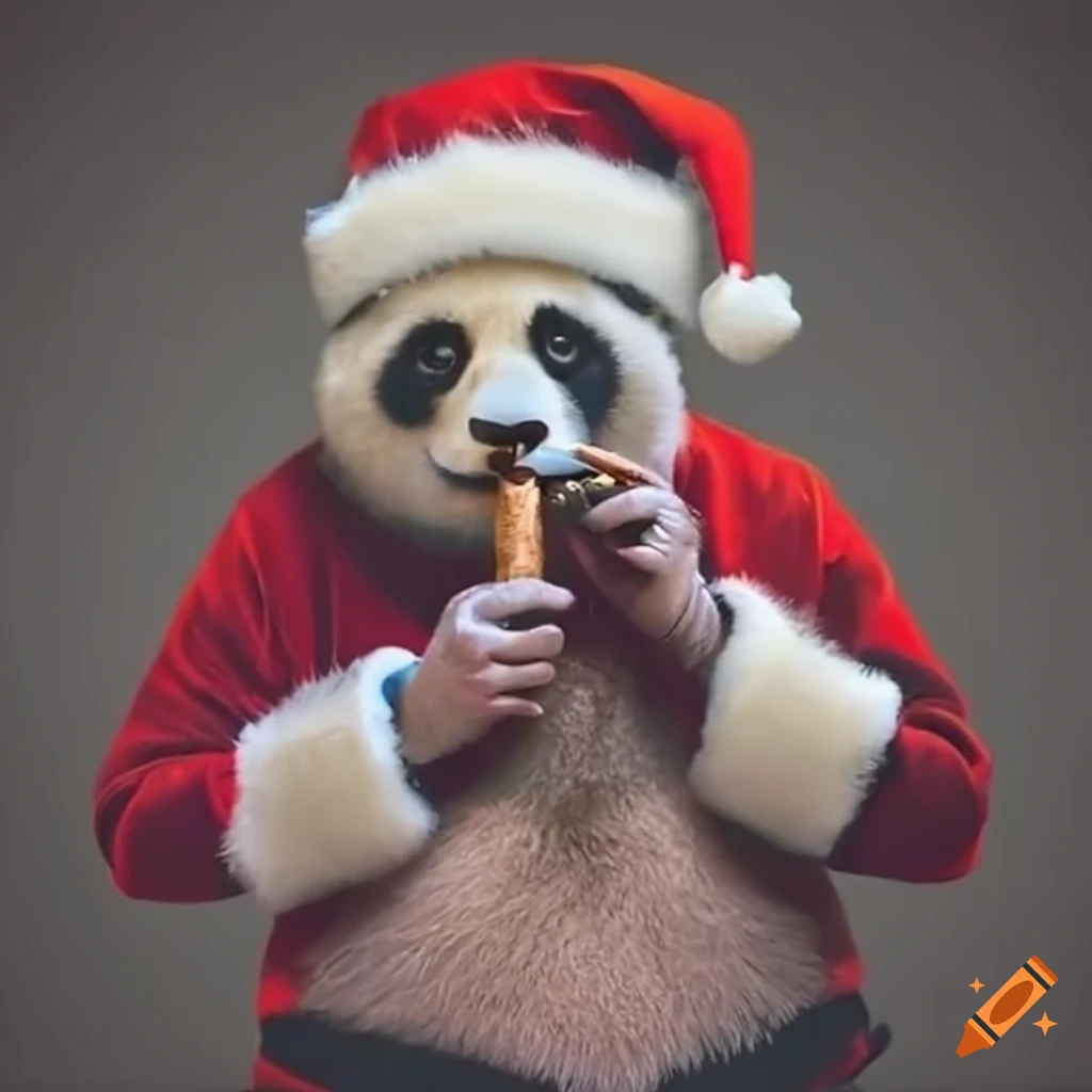Humorous image of a panda dressed as santa smoking a cigar on Craiyon