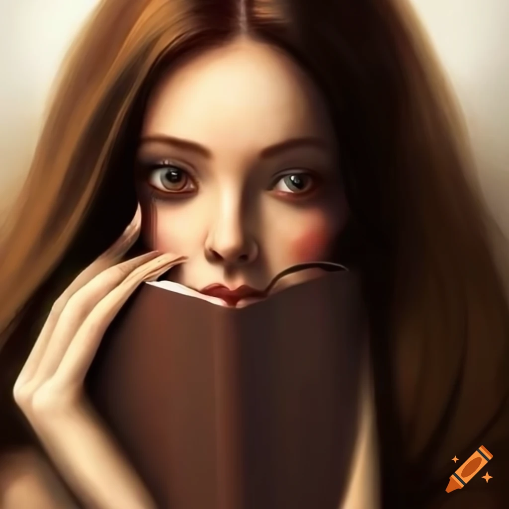 Woman reading a book with long brown hair and brown eyes on Craiyon