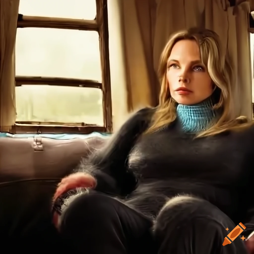 portrait of a young woman in a blue sweater and black leather trousers