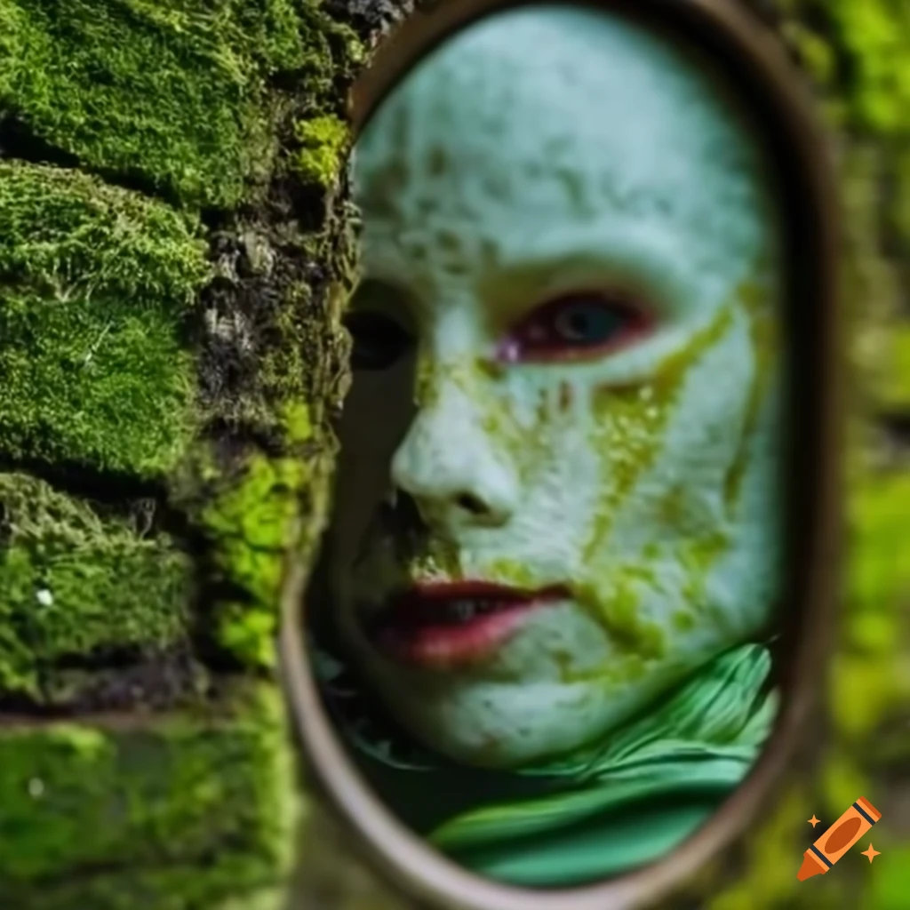 masked figure reflected in a mossy wall