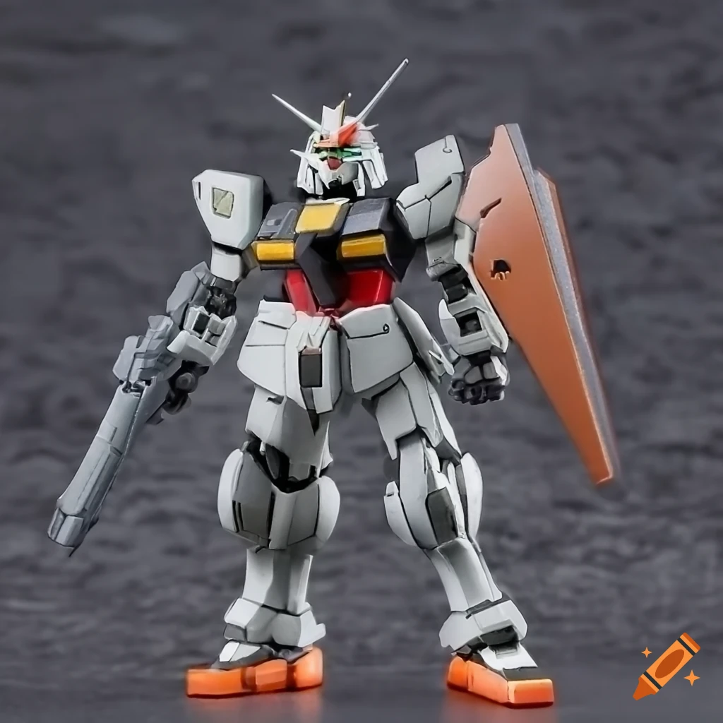 chibi gundam robot in black and orange armor