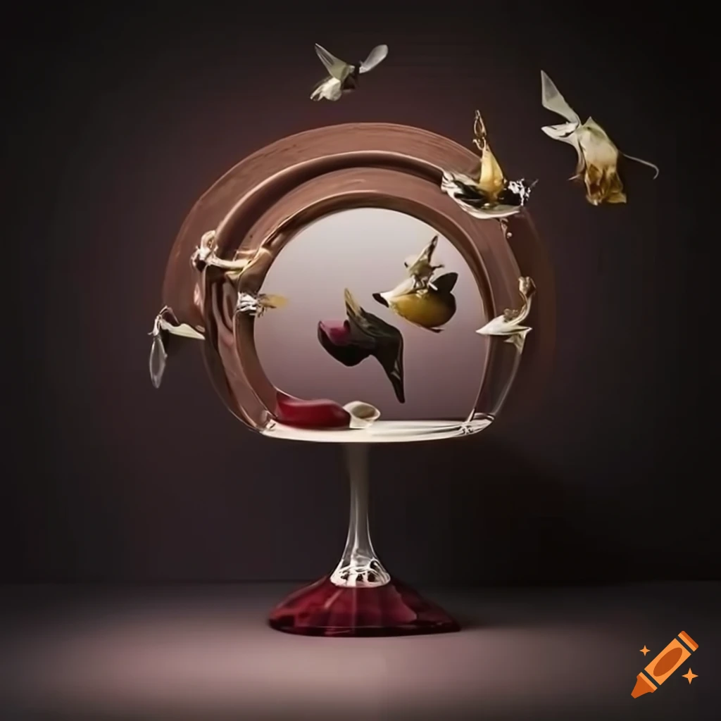 surrealistic pastries and cakes on a table with ornate wine glasses