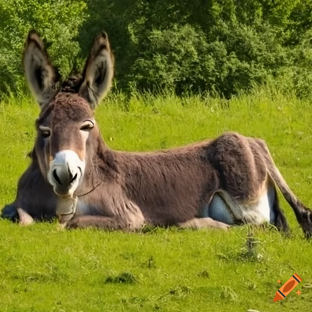 donkey resting in a field