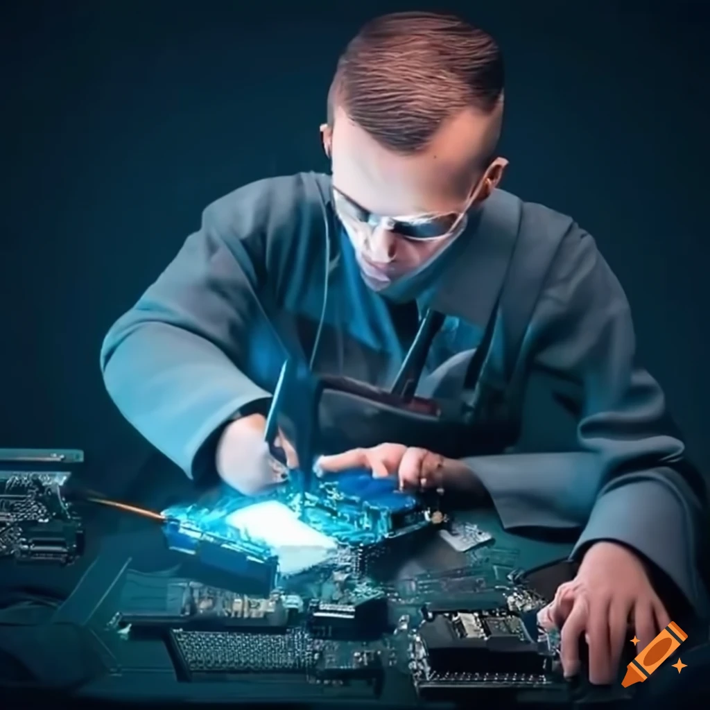 technician repairing a graphics card with soldering iron