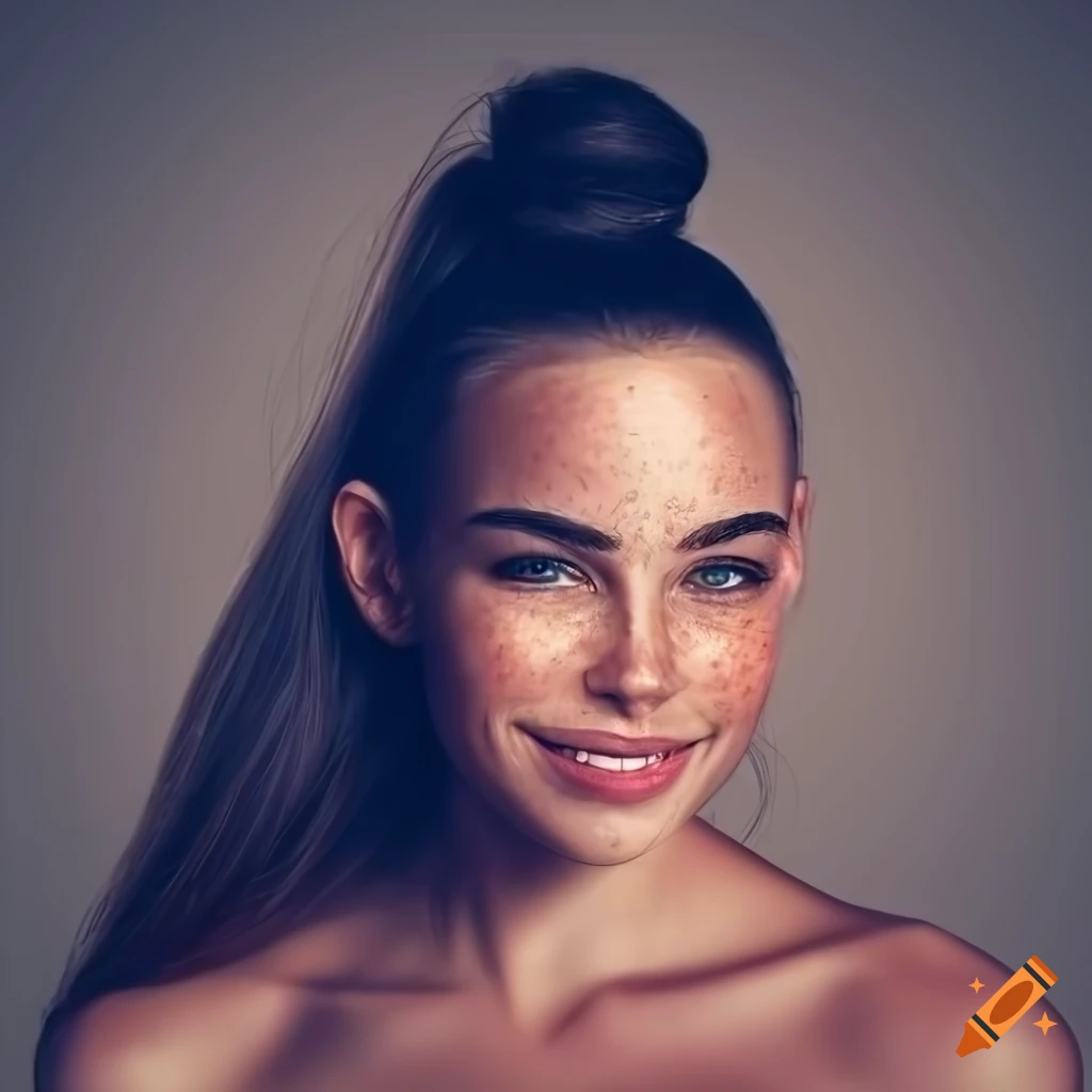 Portrait of a young woman with freckles and dark hair on Craiyon
