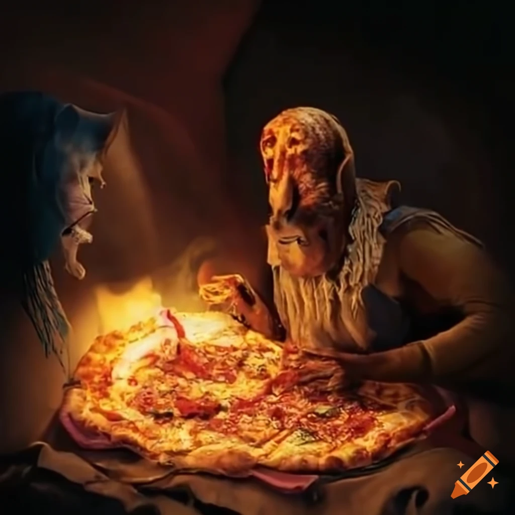 Horses eating pizza on mount olympus