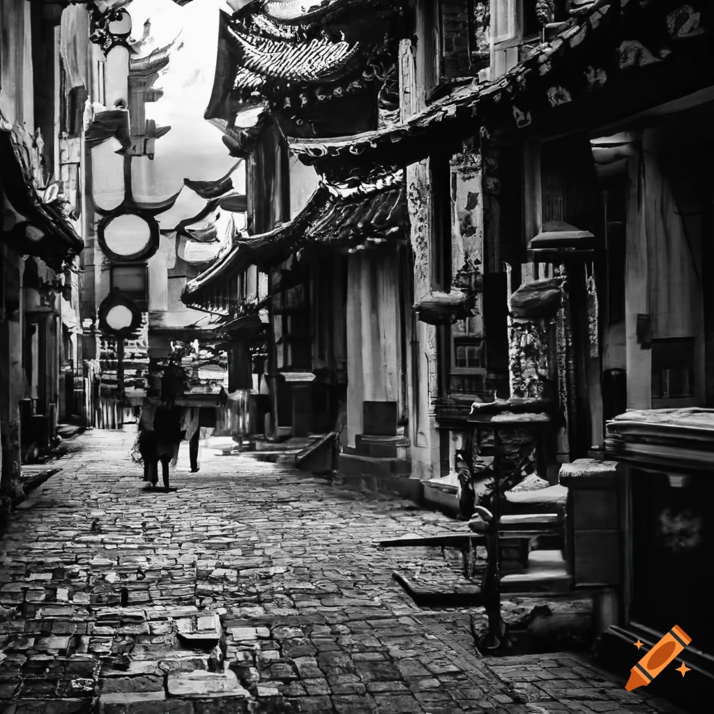 black and white photo of a bustling Chinatown
