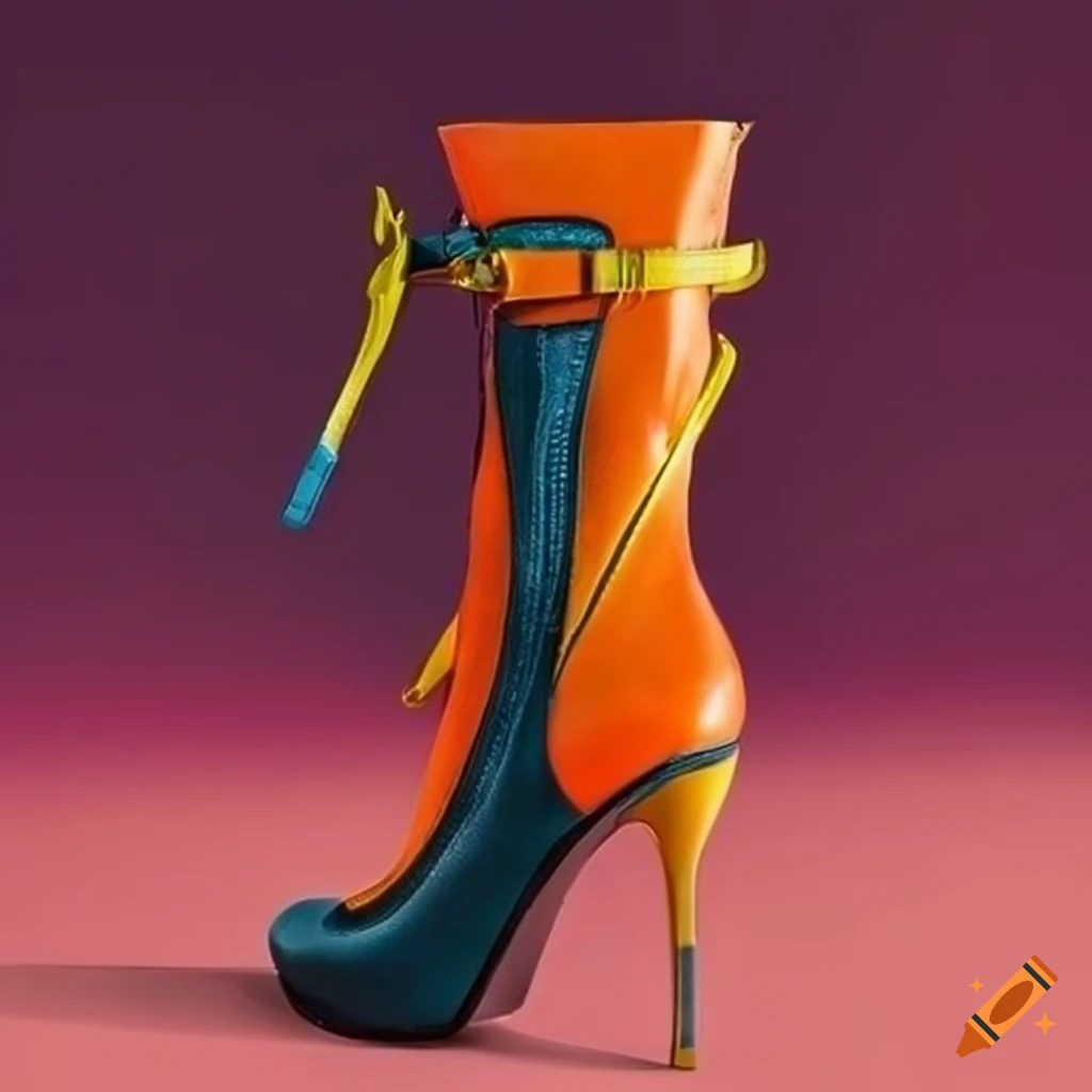 Futuristic surrealistic women's high heel boots with yellow straps