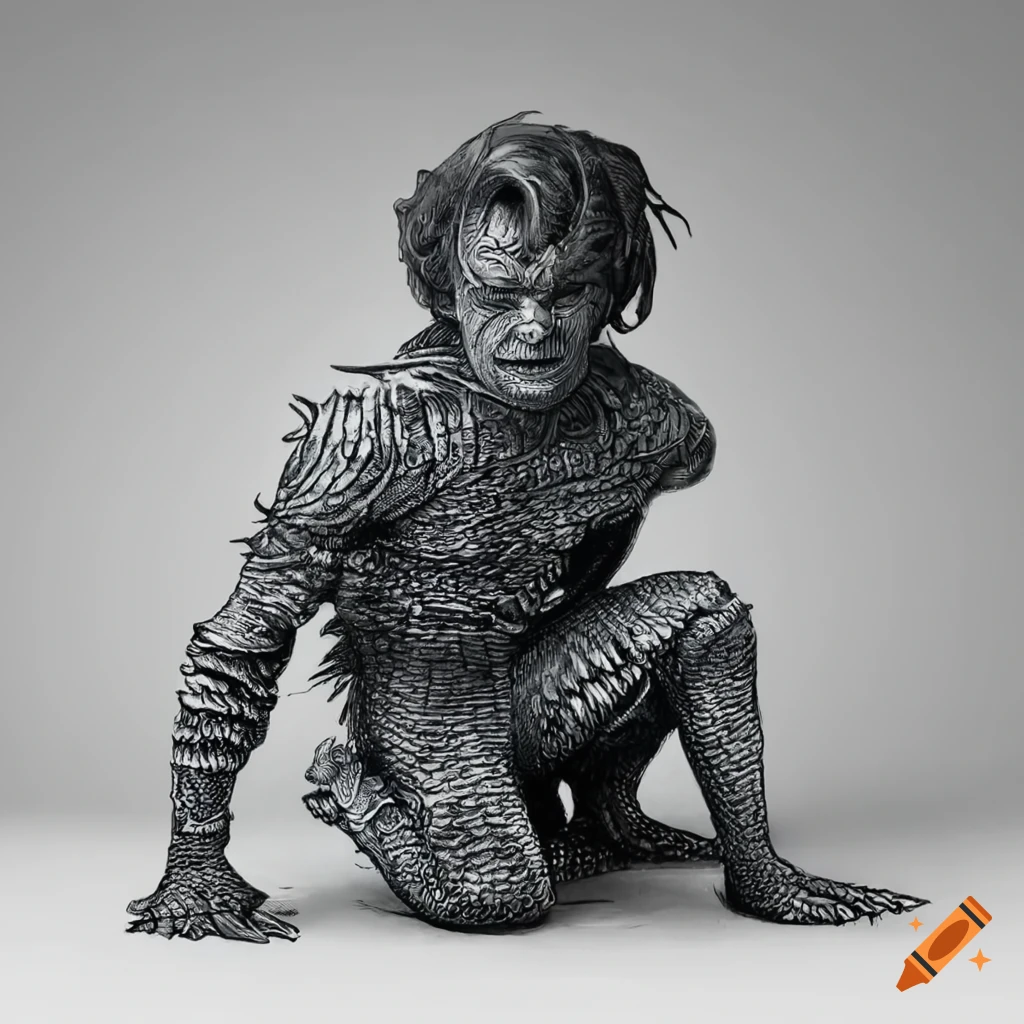 detailed etching of Steve Harrington as a sea monster