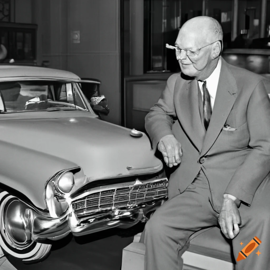 Black and white photo of dwight eisenhower at a used car lot on Craiyon