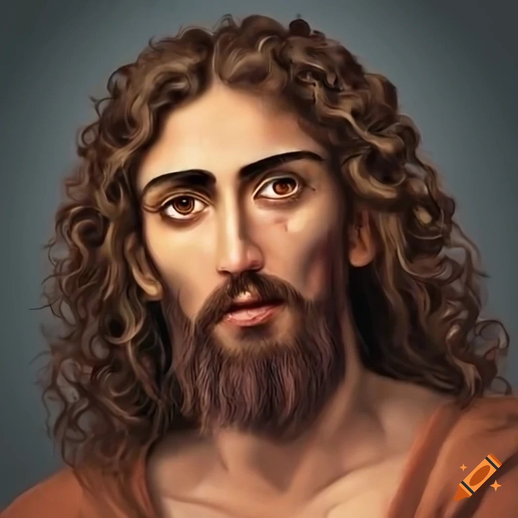 Portrait of a somber-looking jesus with brown eyes and curly hair on ...