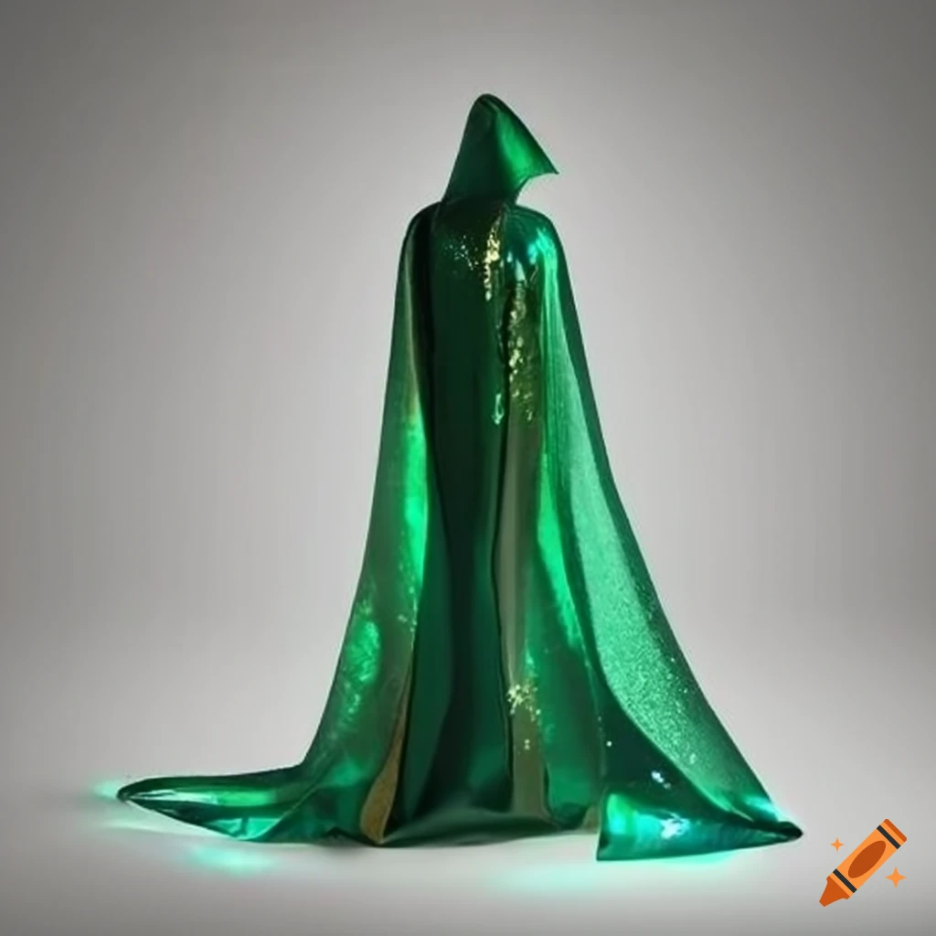 Green and gold translucent hooded cape on white background on Craiyon