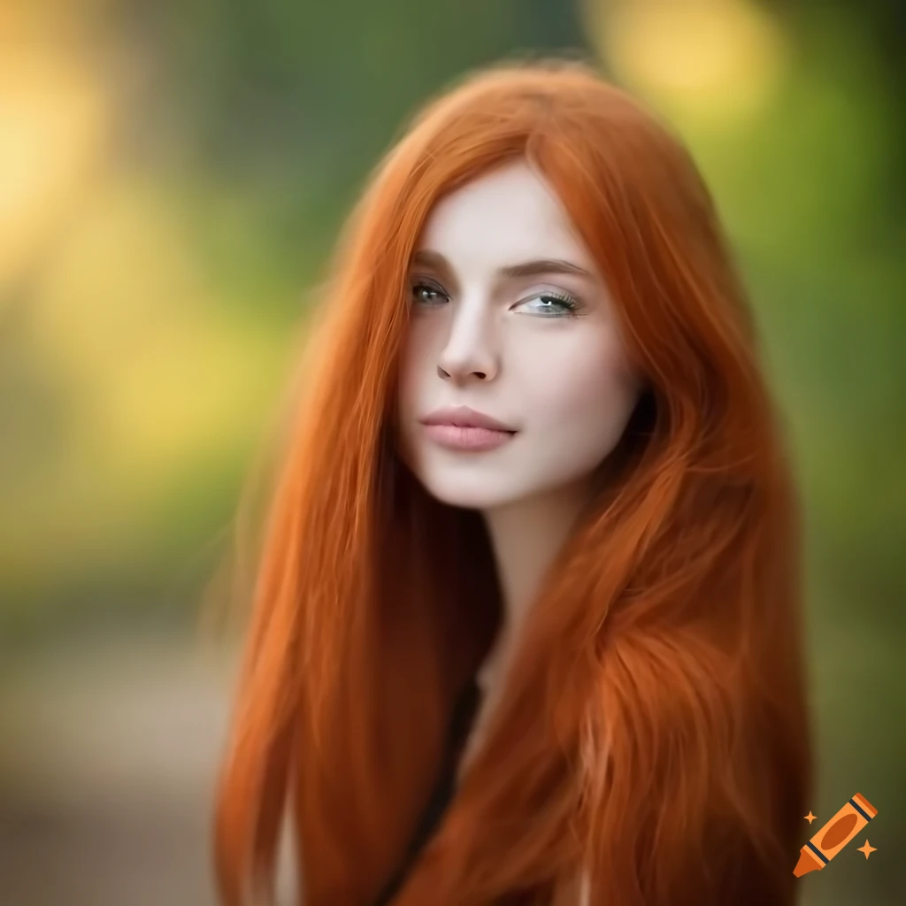 Portrait of a captivating woman with red hair in a forest