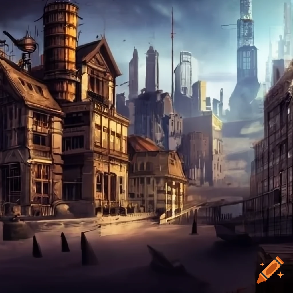 steampunk city landscape with laboratory in foreground