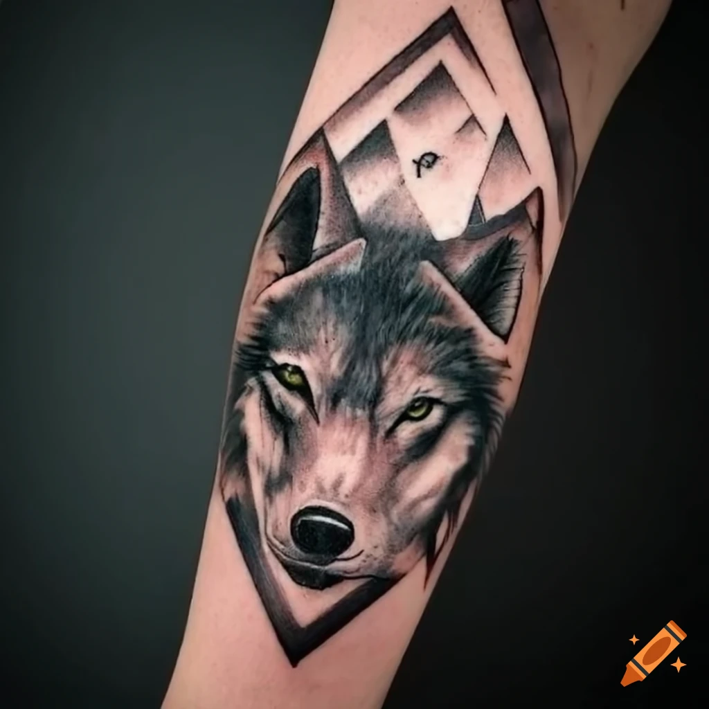 tattoo of a wolf and pup in a forest on Craiyon