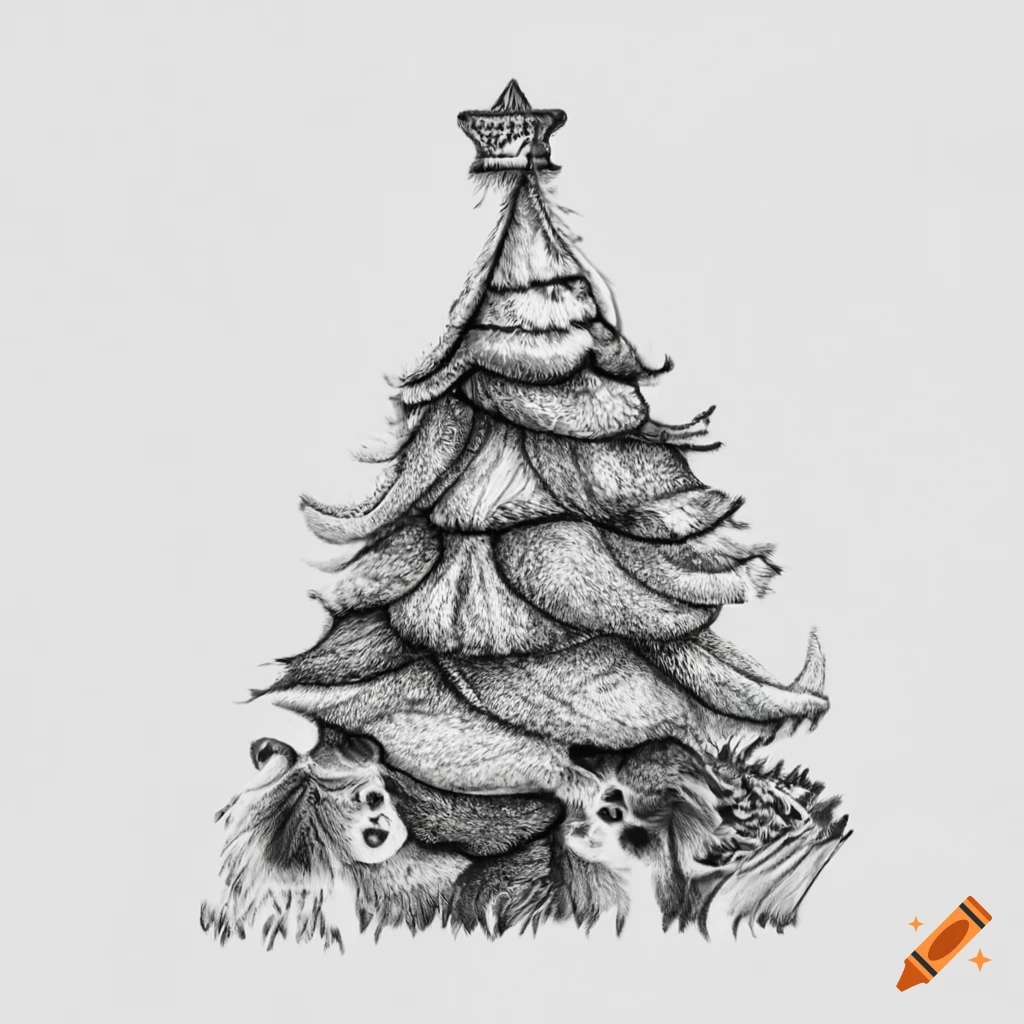 Christmas tree surrounded by animals in a meadow on Craiyon