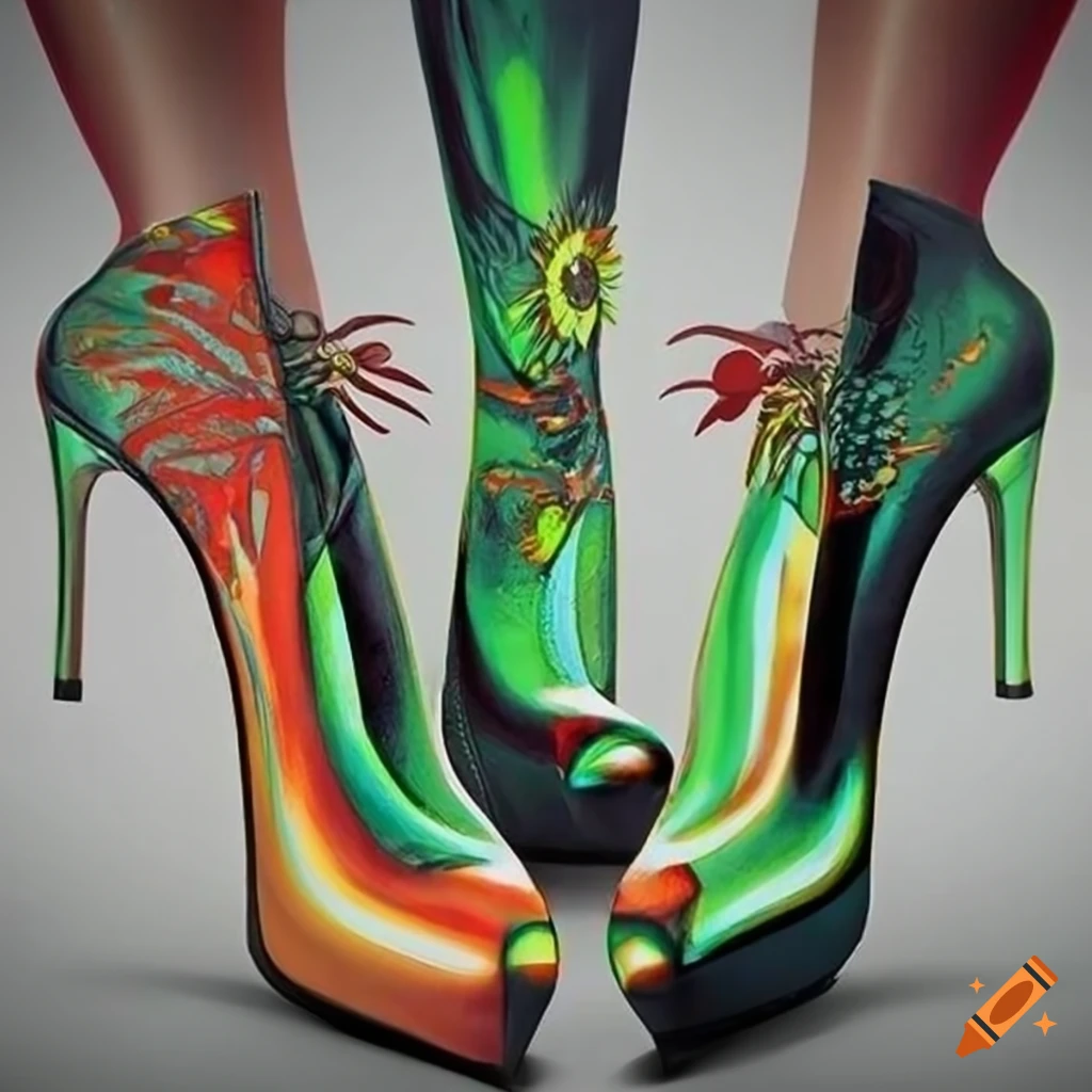 Surrealist artwork of colorful high heel boots and sunflowers on Craiyon