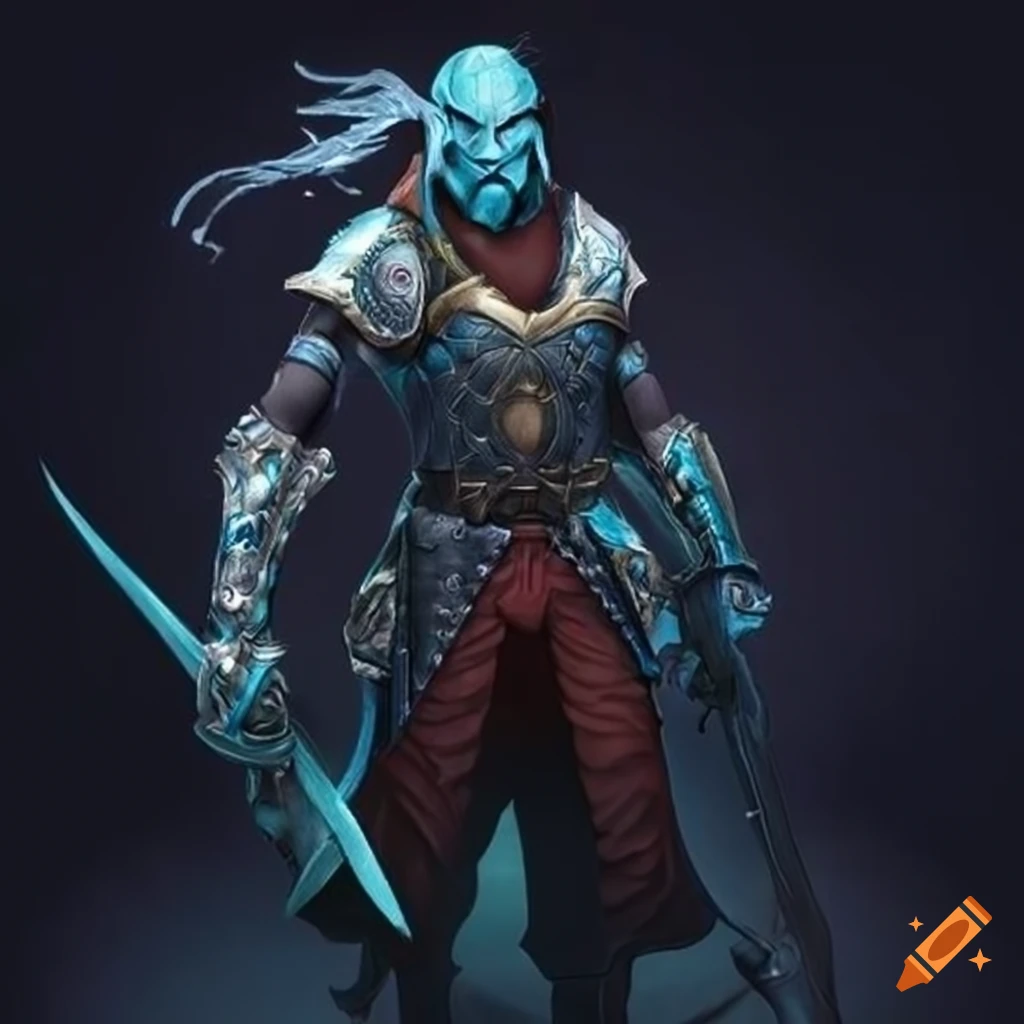 image of a blue-skinned eladrin bounty hunter with a longsword