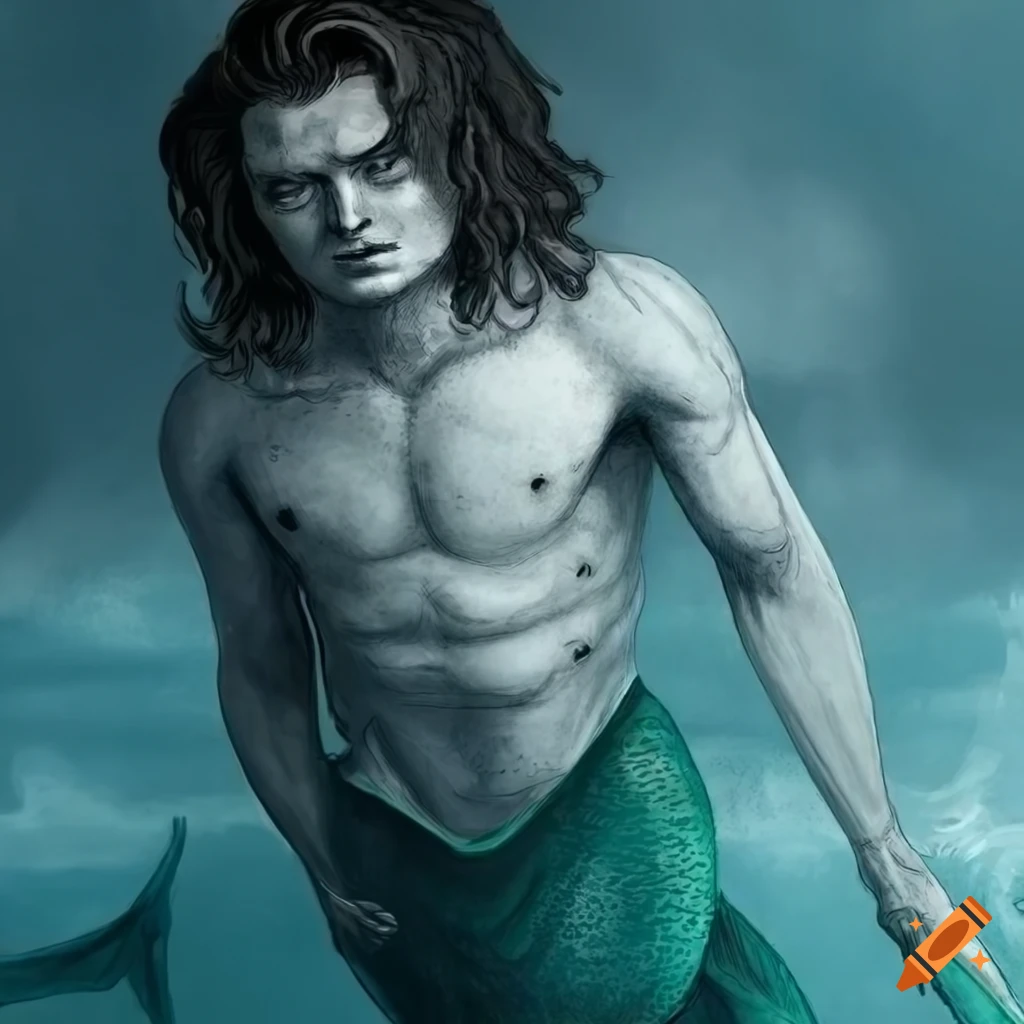 detailed etching of a merman named Steve Harrington