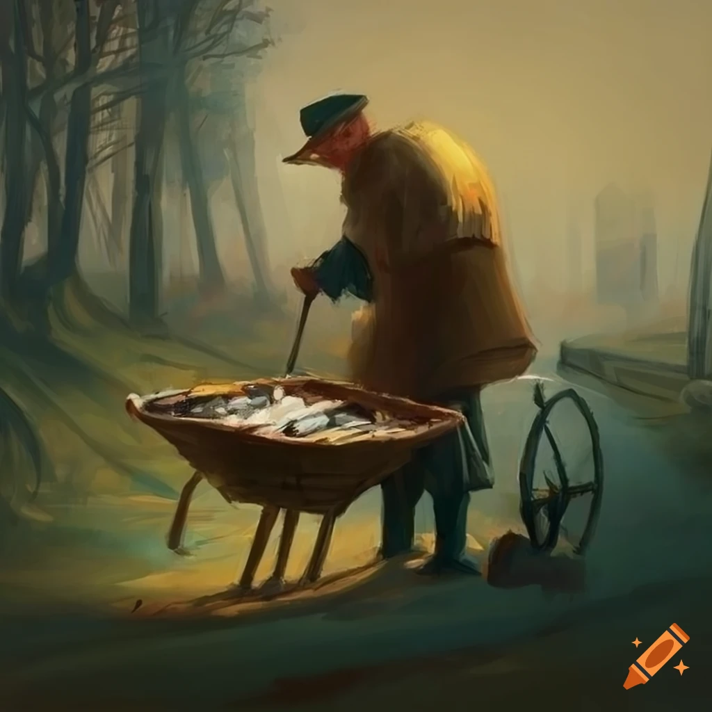 Simon Stålenhag artwork: man selling fish from a wheelbarrow