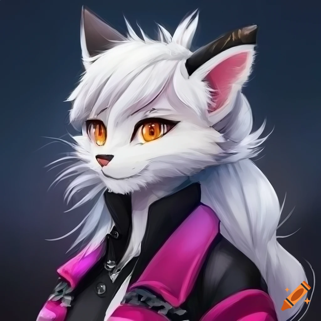 portrait of a fluffy white cat with orange eyes and a black jacket