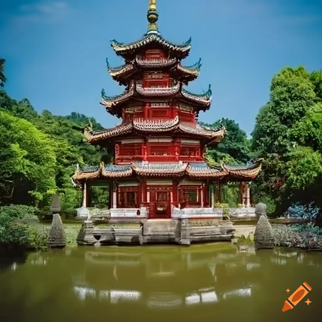 Serene oriental temple amidst lush gardens in the rain on Craiyon