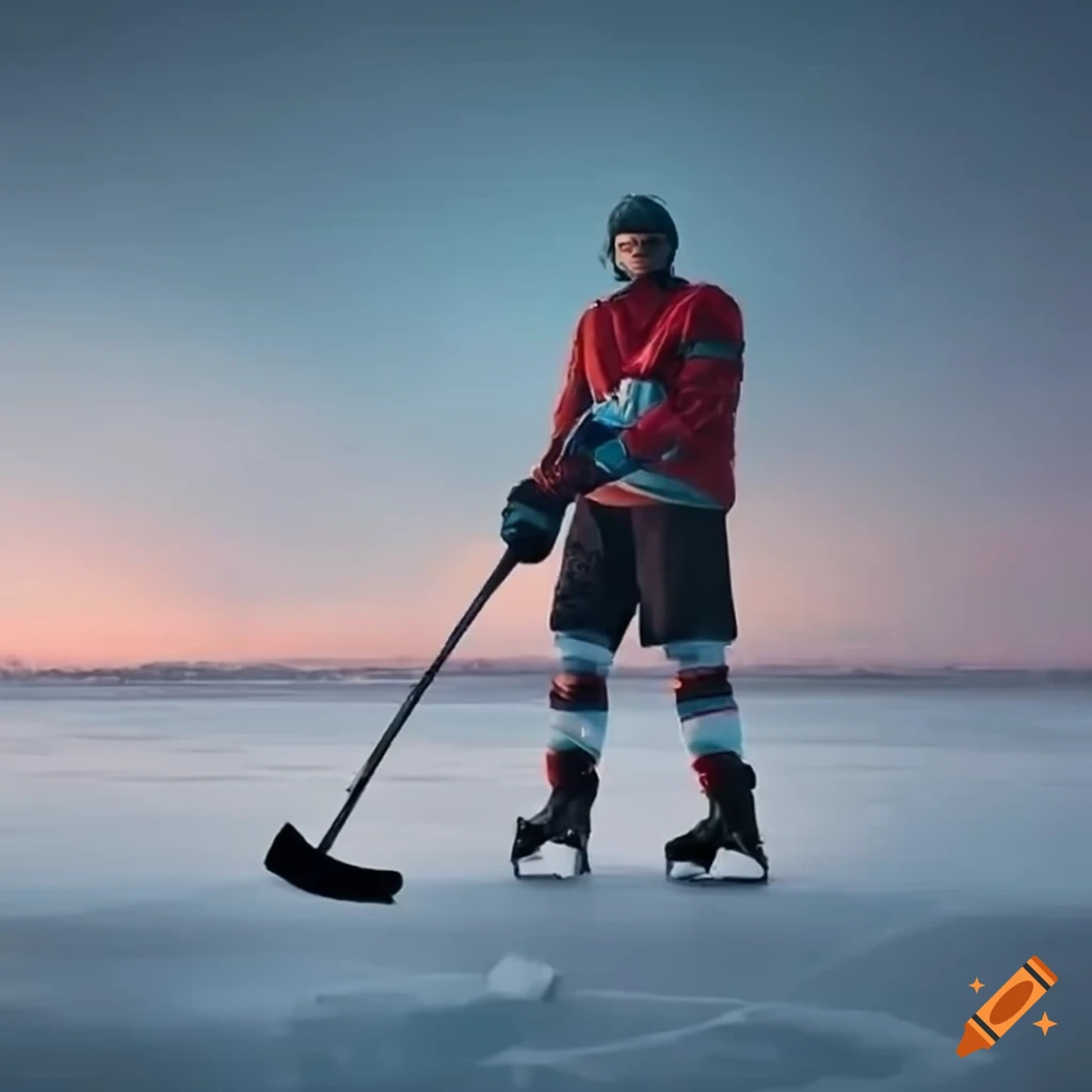 Photorealistic image of an ice hockey player on a frozen lake