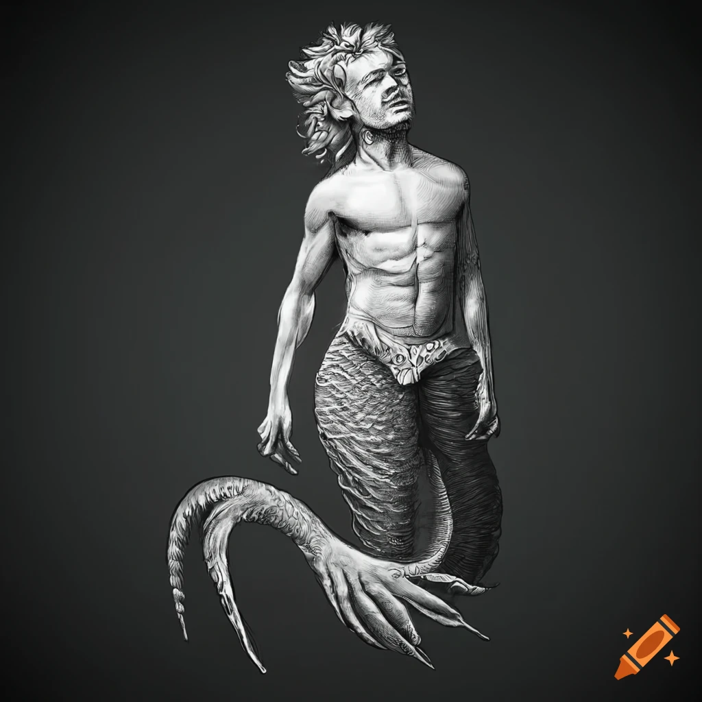 detailed etching of a merman named Steve Harrington