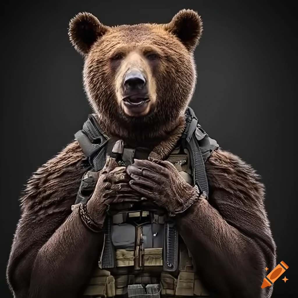 Photo-realistic image of a bear in tactical gear