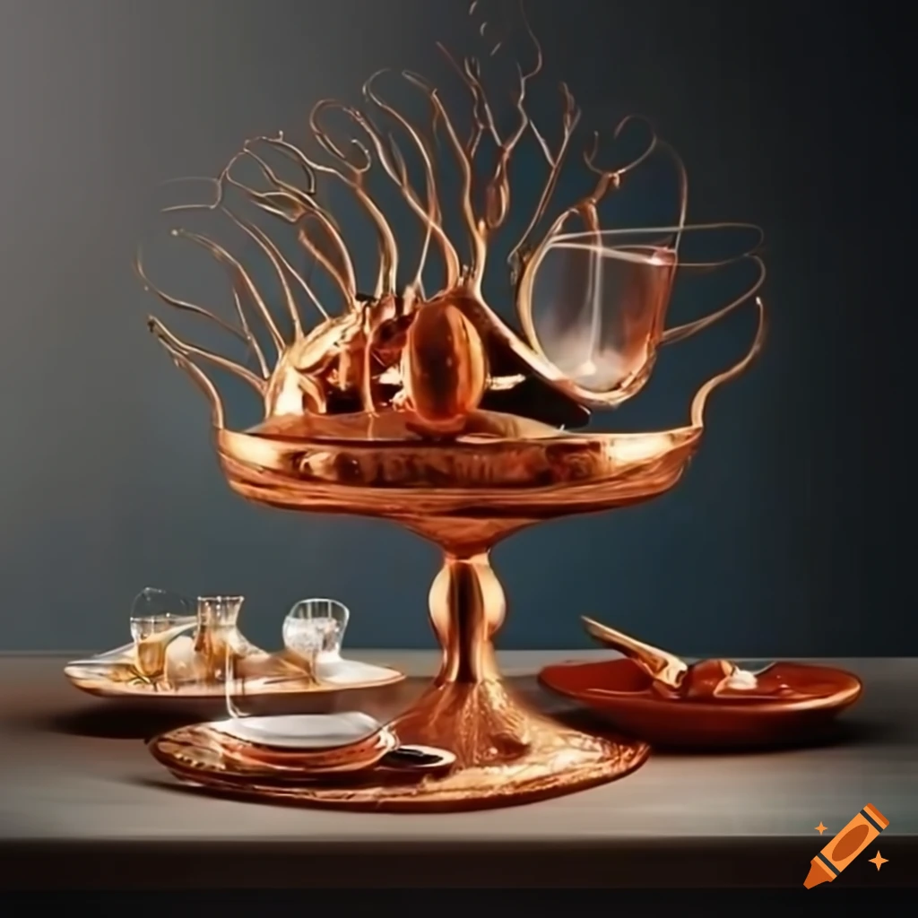 surreal pastries on a table with wine and goldfish