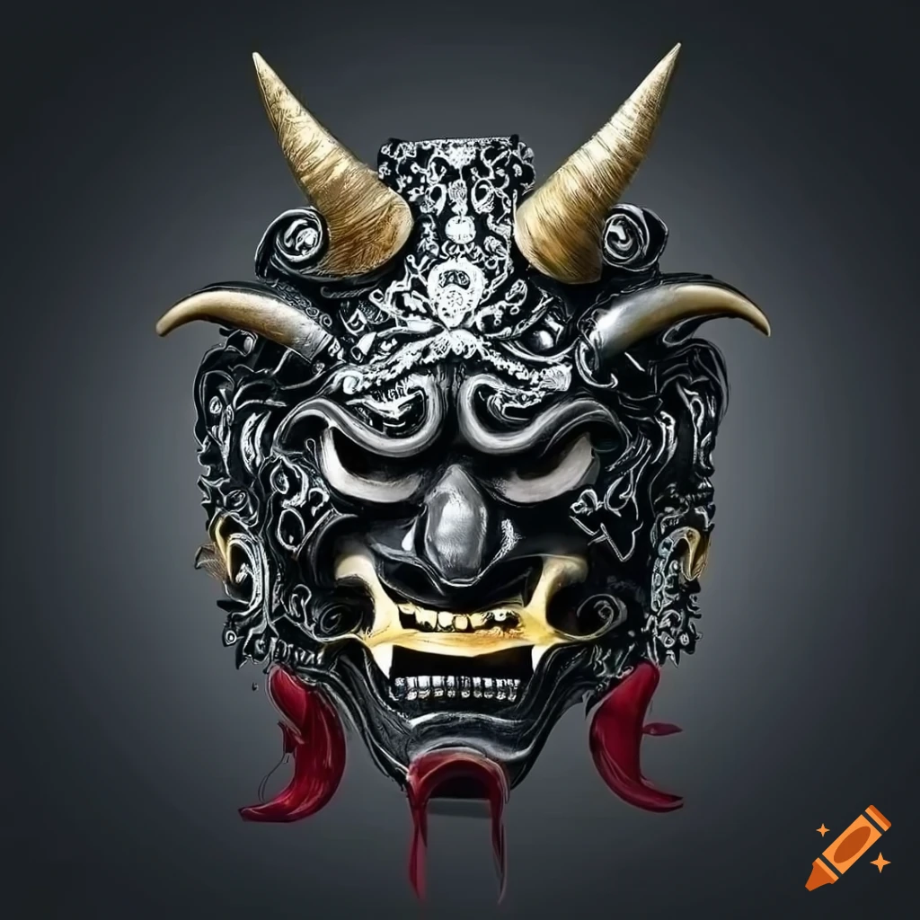 Японская демоническая маска, маска демона в японском стиле, много клыков,  корона из рогов, рога, большие рога, выпирающие клыки, симметричные рога,  симметричные клыки, симметричный нос, симметричный рот, высокое качество,  чёткое изображение, тёмные тона,