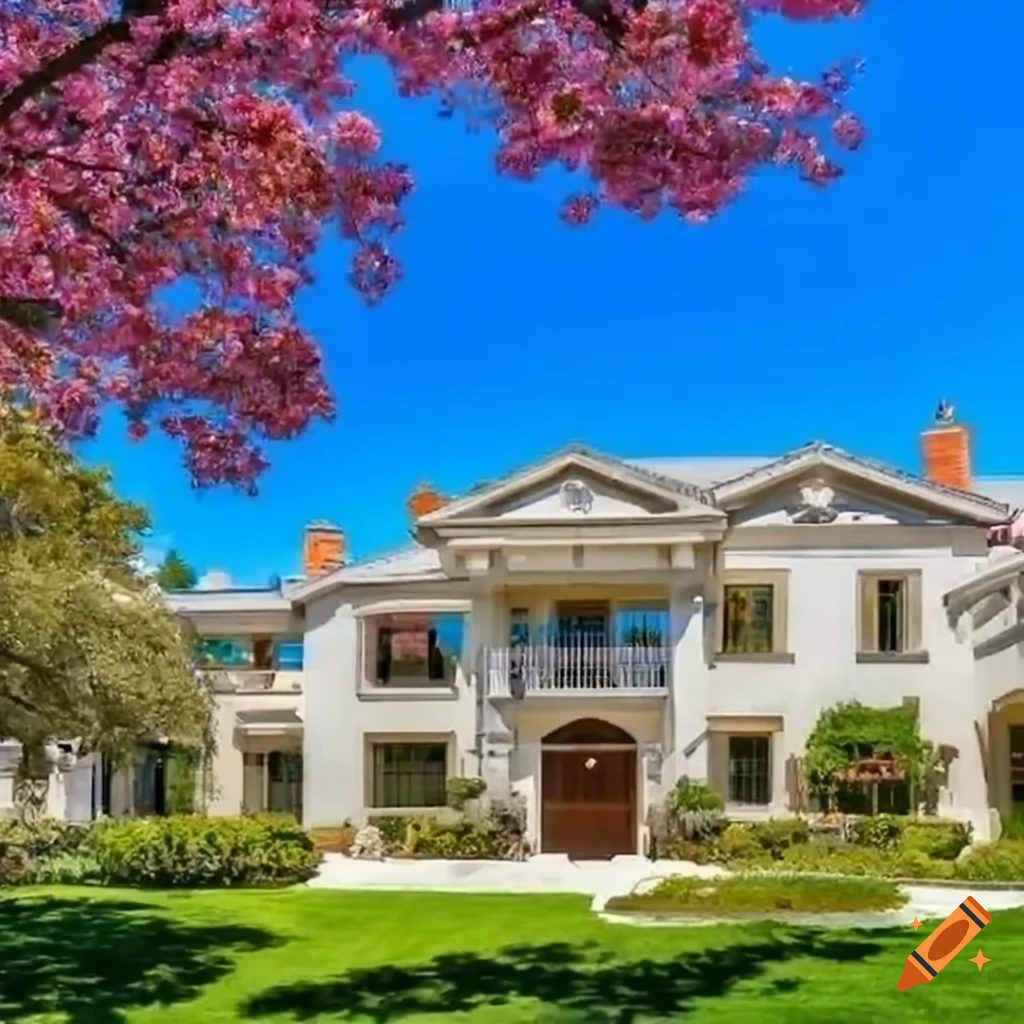 elegant California mansion with cherry blossom trees at sunset