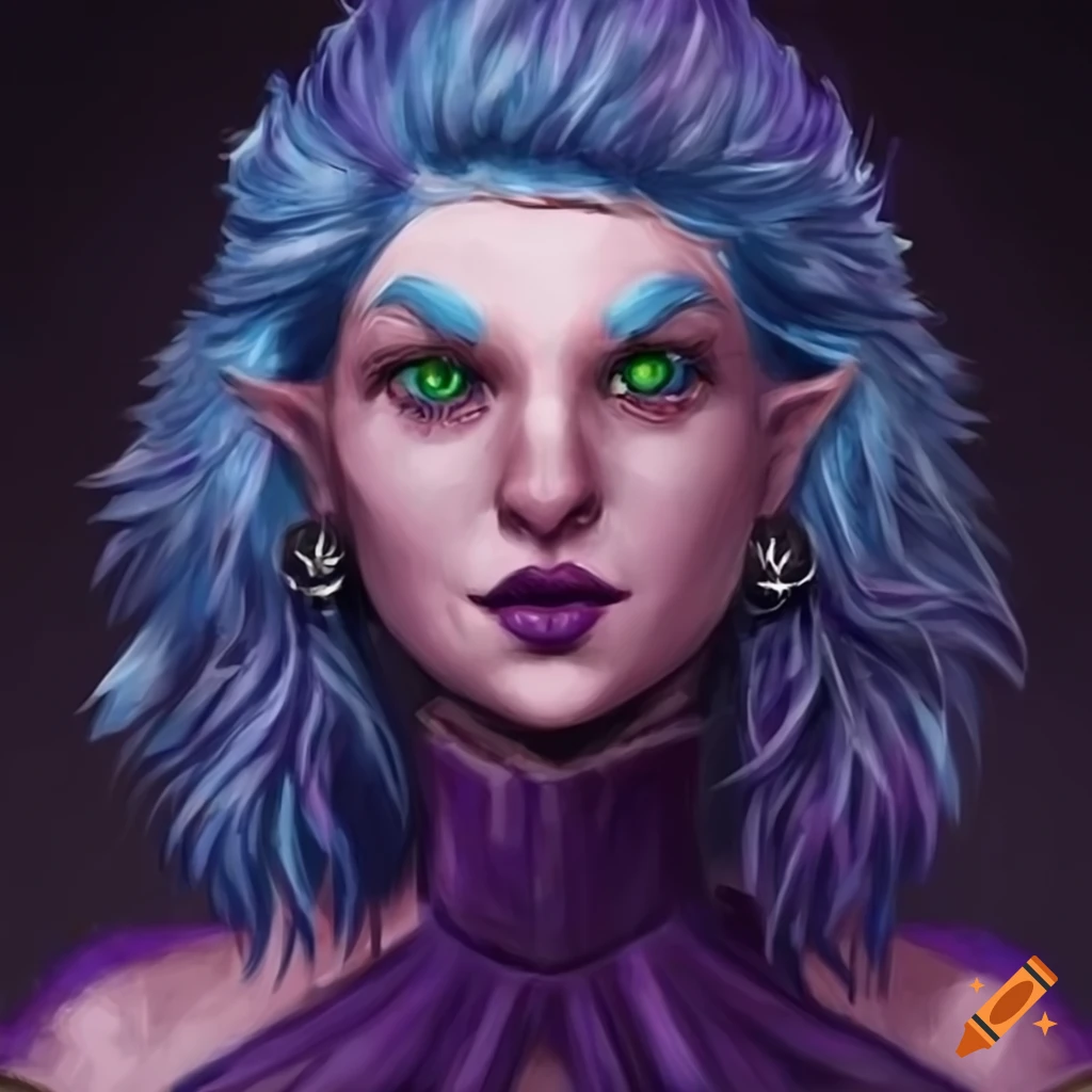 Portrait of a female gnome with blue and purple hair